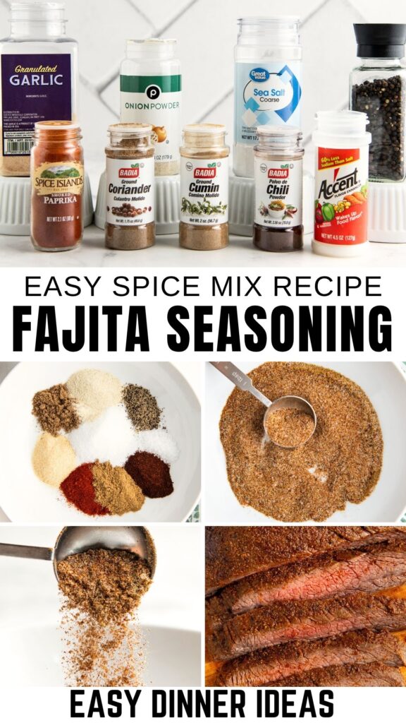 An overhead collage shows spices and seasonings, a small bowl with measured spices, mixed fajita seasoning, and sliced cooked steak fajitas.