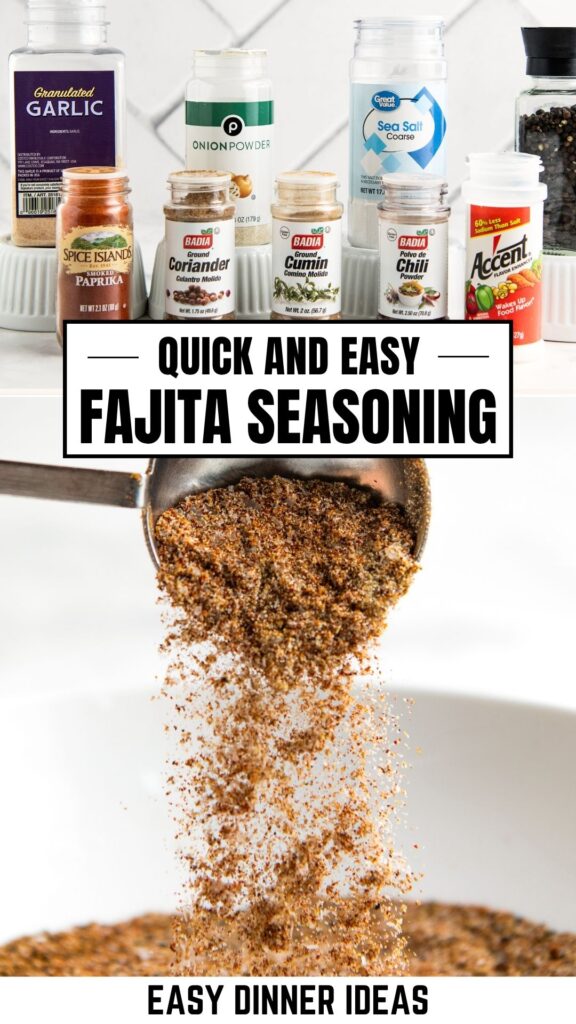 An assortment of spice jars sits on a counter. Below, a spoon pours a mixed fajita seasoning spice blend into a bowl.
