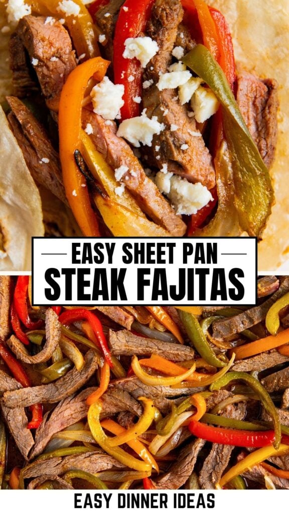 Close-up of sheet pan steak fajitas, red, yellow, and green bell peppers with crumbled cheese on a tortilla. Below, a sheet pan with cooked steak strips and peppers.