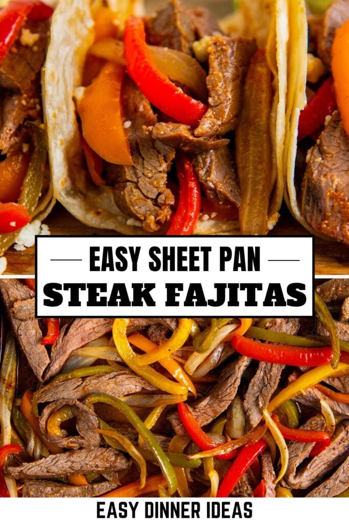 Close-up of steak fajitas with slices of beef, red and yellow bell peppers, and onions in tortillas.