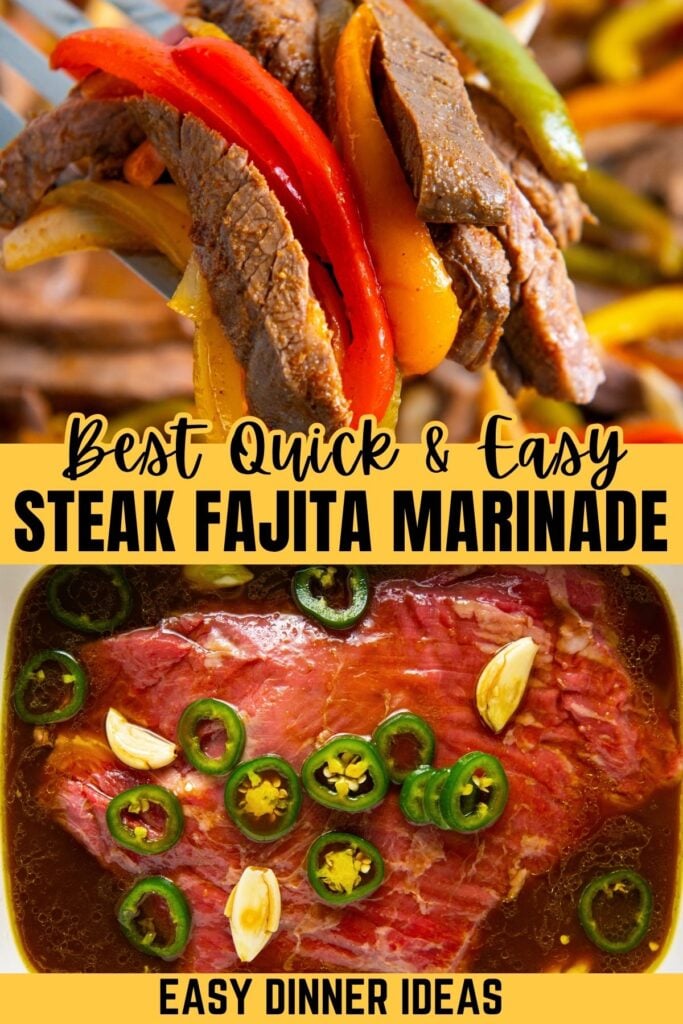 A fork holds sliced steak and colorful peppers. Below, raw steak fajita marinates with sliced jalapeños and garlic.