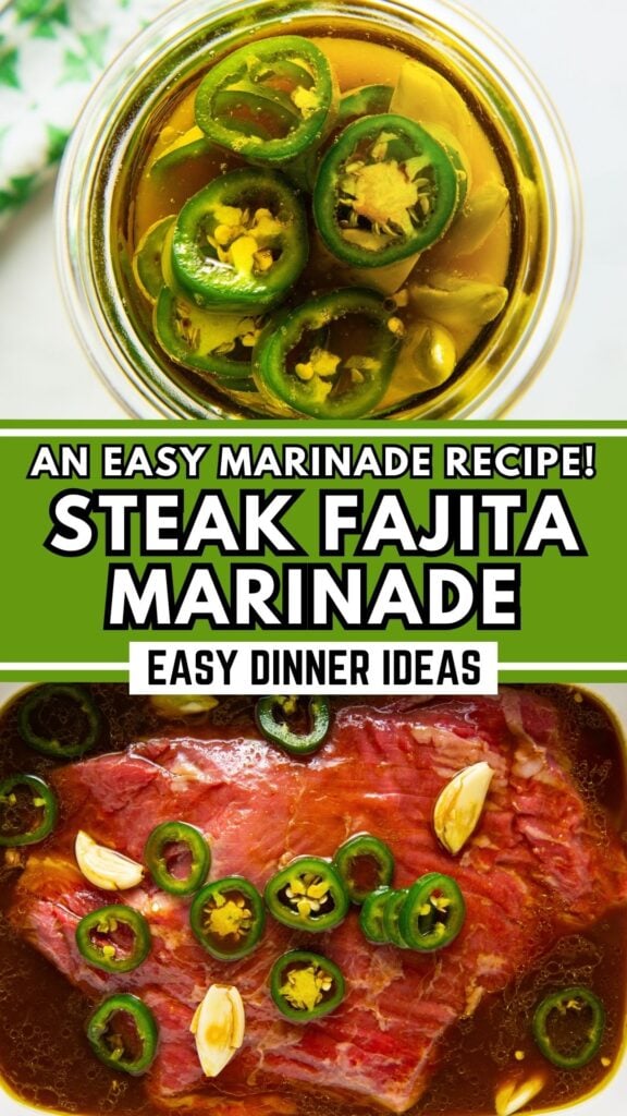 Top: A bowl of fajita steak marinade with sliced jalapeños. Bottom: Raw steak in marinade with jalapeños and garlic.
