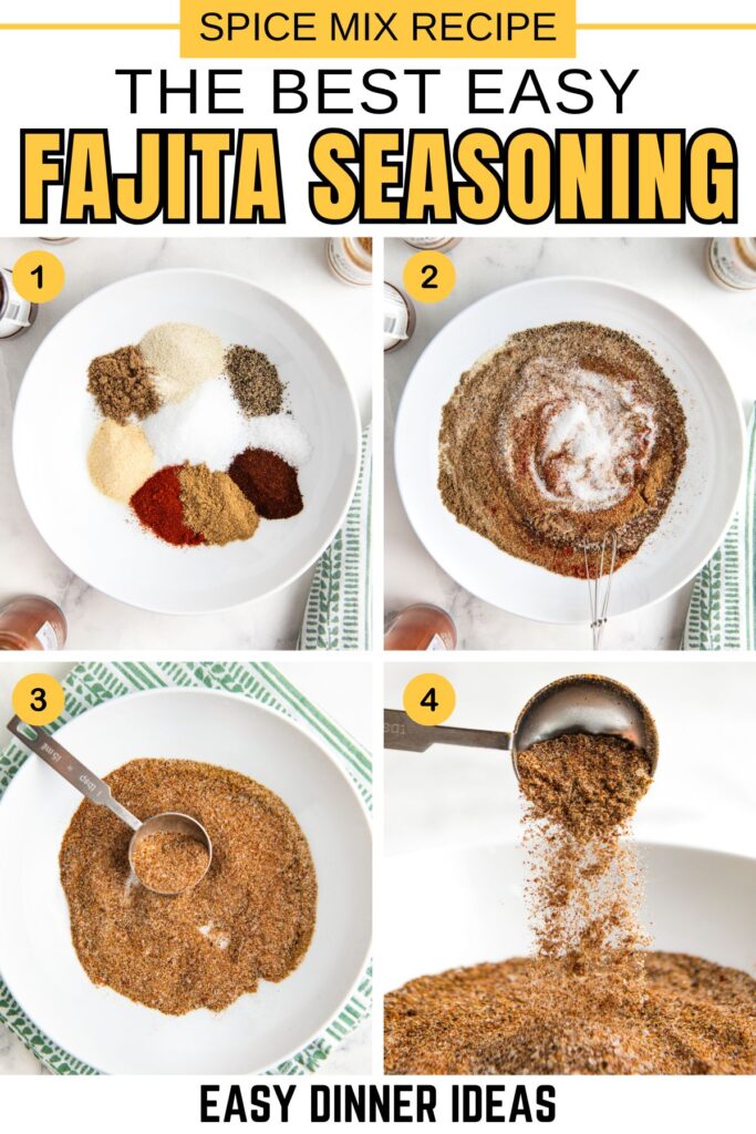 Four-step guide for making fajita seasoning: 1) Various spices measured on a white plate; 2) Spices mixed together; 3) Seasoning being measured with a spoon; 4) Fajita seasoning being poured into a jar.