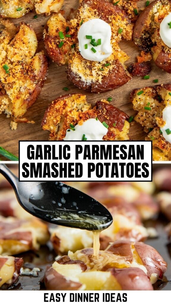 Garlic parmesan smashed potatoes topped with sour cream and chives, shown on a baking tray. A spoon pours melted butter over potatoes.
