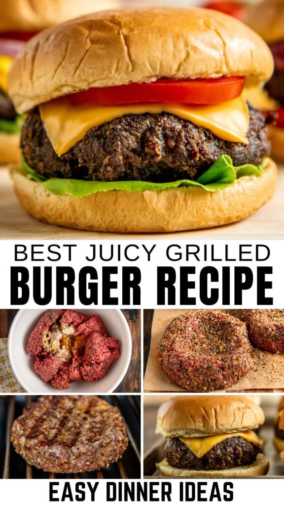 A juicy grilled cheeseburger with lettuce, tomato, and cheese on a bun is shown. Below, images display ground beef, seasoned burger patties, patties on the grill, and the finished burger. Text reads: “Best Juicy Grilled Burger Recipe.”.