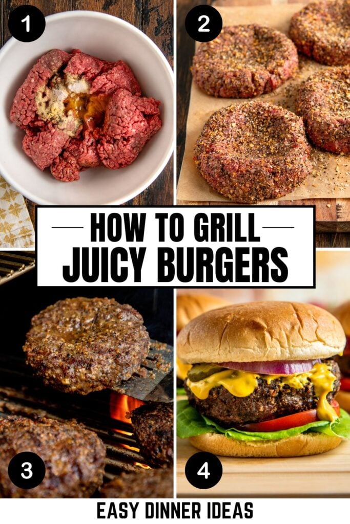 A step-by-step collage shows: 1) ground beef with seasonings in a bowl, 2) seasoned burger patties, 3) patties cooking on a grill, 4) a finished burger with lettuce, tomato, onion, and mustard in a bun.