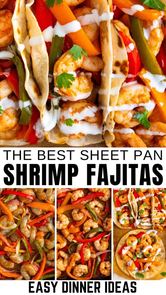Sheet pan shrimp fajitas with bell peppers and onions, topped with cilantro and drizzled with sauce, served in tortillas.