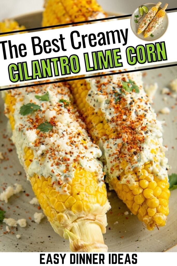 Two ears of Cilantro Lime Corn on the Cob on a plate are topped with a creamy cilantro lime sauce and sprinkled with herbs and spices.