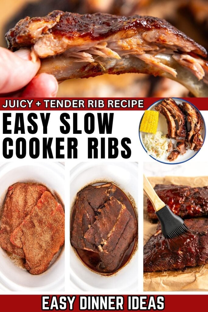 Collage of slow cooker ribs: a hand holds a juicy rib, cooked ribs with sides, raw ribs with seasoning, ribs in a slow cooker, and cooked ribs being brushed with sauce.