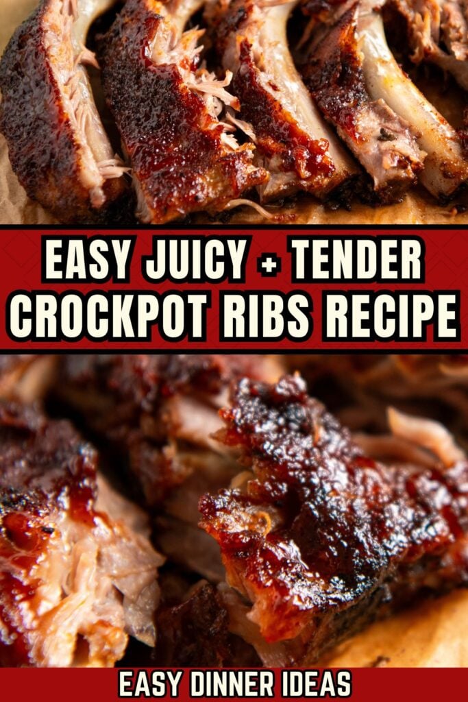 Close-up shots of juicy, tender slow cooker ribs sliced on parchment paper.
