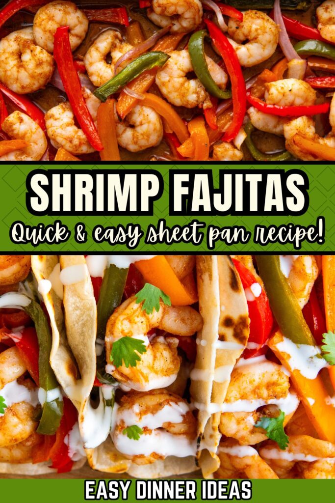 Sheet pan shrimp fajitas with shrimp, red and green bell peppers, and onions, served in tortillas with sauce.