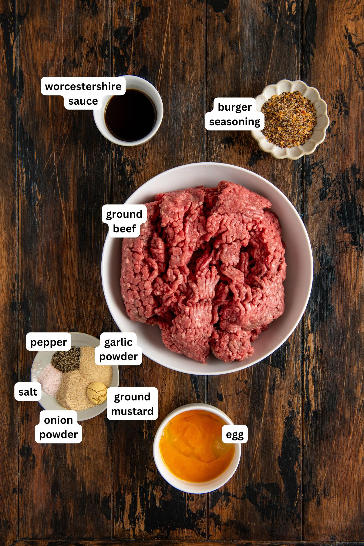 Overhead view of ingredients for burgers on a wooden table: a bowl of ground beef, an egg, Worcestershire sauce, burger seasoning, ground mustard, garlic powder, onion powder, salt, and pepper, each labeled.
