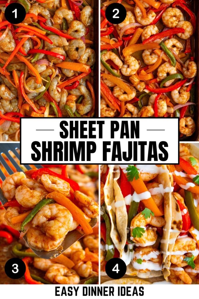 Four images show the process of making sheet pan shrimp fajitas with shrimp, red and green bell peppers, served in tortillas and topped with a drizzle of sauce.