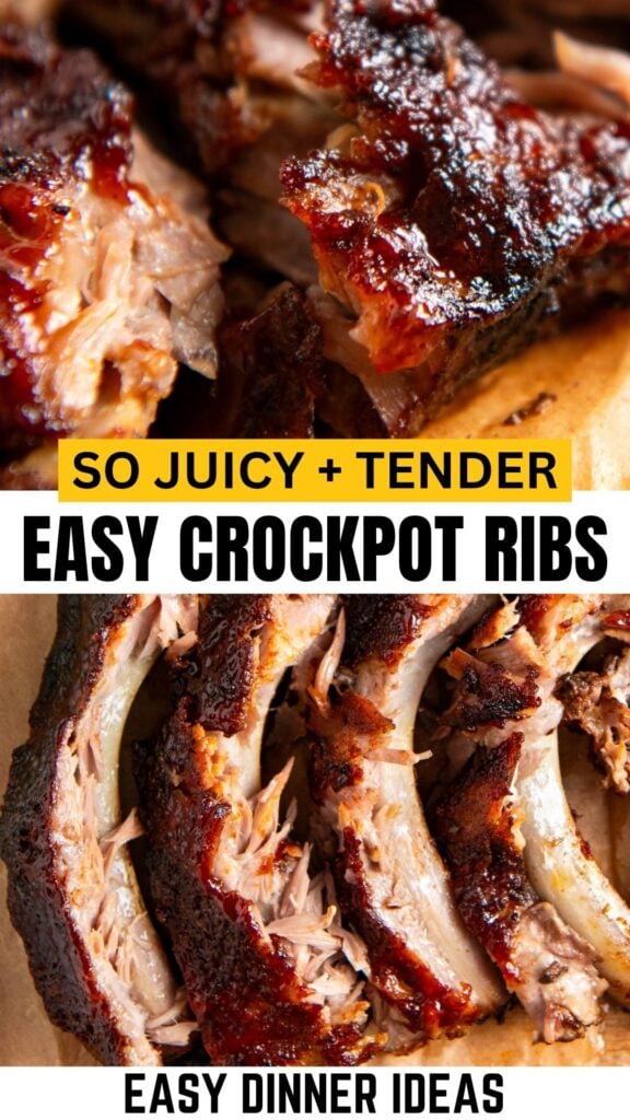 Close-up shots of juicy, tender, slow cooker baby back ribs with a crispy, caramelized exterior.