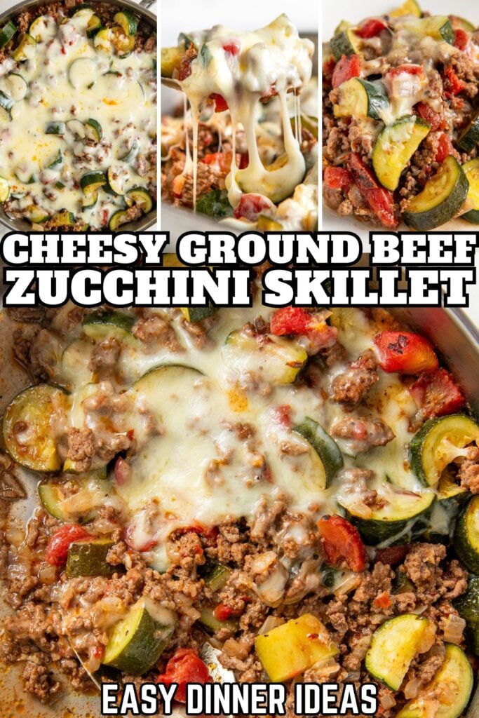 Collage of a cheesy ground beef and zucchini skillet, showing melted cheese, ground beef, zucchini, tomatoes, and peppers.