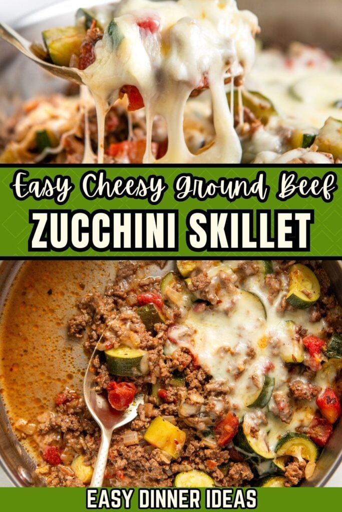 Close-up of a skillet filled with ground beef, zucchini, tomatoes, and melted cheese. A spoon is scooping the cheesy mixture.