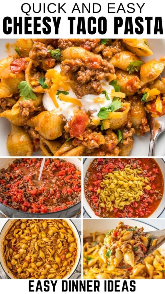 A collage showing one-pot taco pasta: a close-up of a serving topped with cheese and cilantro, and step-by-step images of ground beef, pasta shells, and sauce cooking in a skillet.