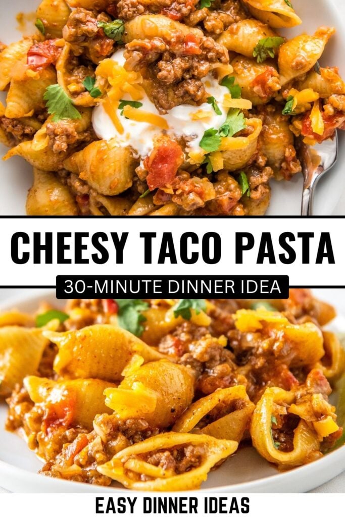 A close-up of cheesy taco pasta with ground beef, pasta shells, melted cheese, and fresh cilantro, topped with sour cream.