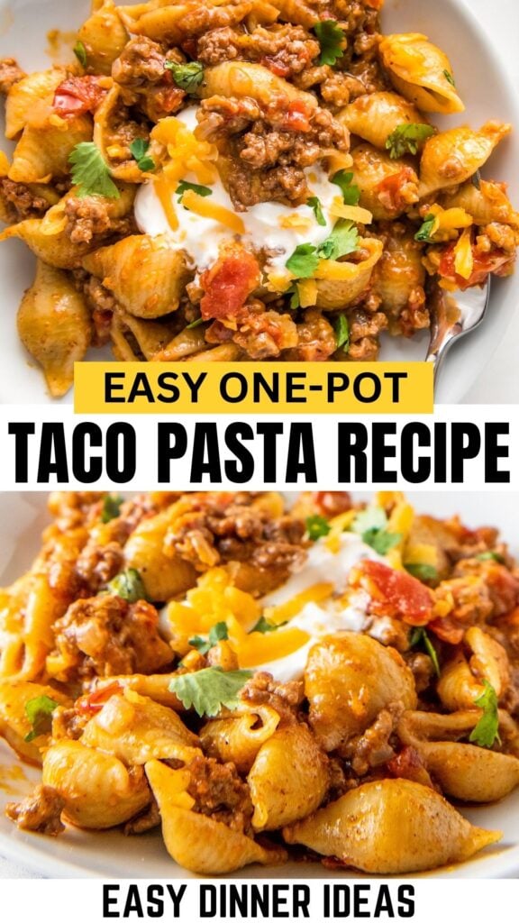 A close-up of taco pasta made with shell pasta, ground beef, tomatoes, and cheese, garnished with cilantro and a dollop of sour cream.