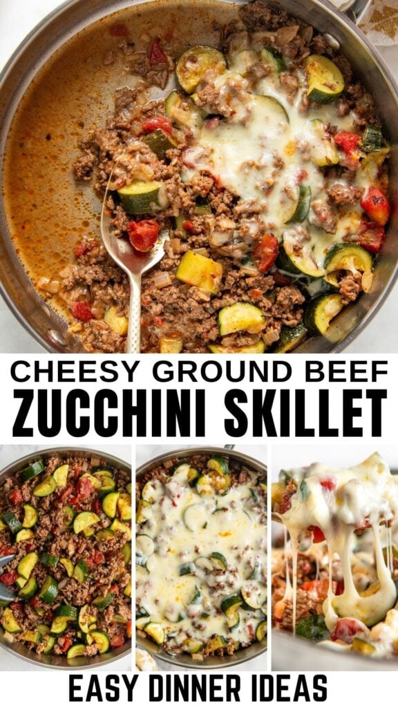 Cheesy ground beef and zucchini skillet with melted cheese and tomatoes, shown cooking in a pan and served with visible cheese pull.