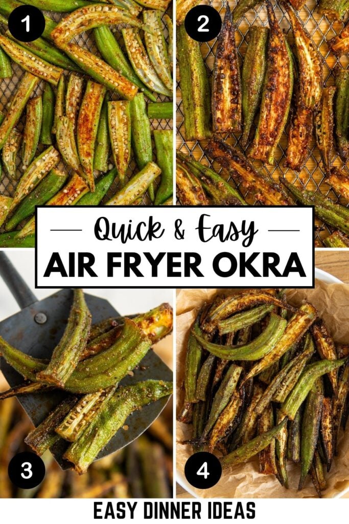 Four images of crispy, golden-brown okra cooked in an air fryer are shown.