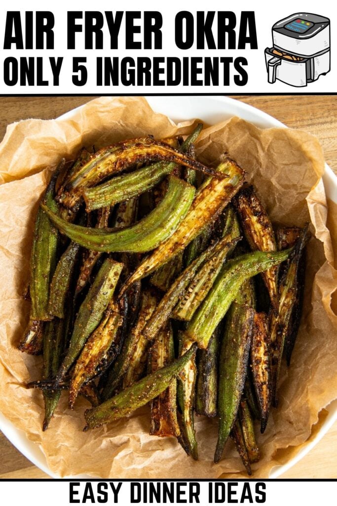 A bowl lined with parchment paper filled with crispy air-fried okra pieces.