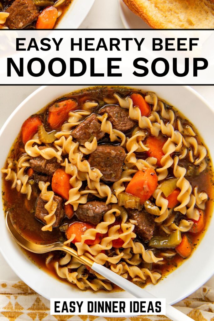 A bowl of beef noodle soup with rotini pasta, chunks of beef, carrots, and celery in broth.