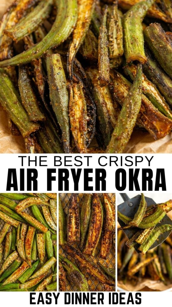 Close-up shots of seasoned, crispy okra cooked in an air fryer, displayed on parchment and in various stages of preparation.