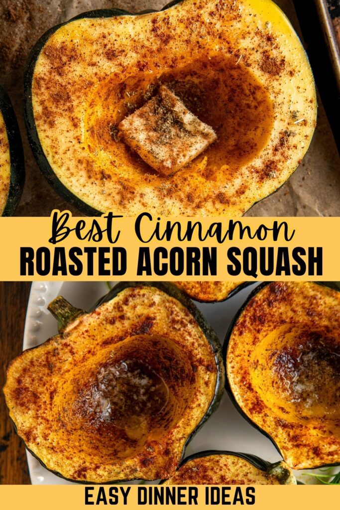 Halved acorn squash topped with melted butter and spices, then shown roasted on a plate.