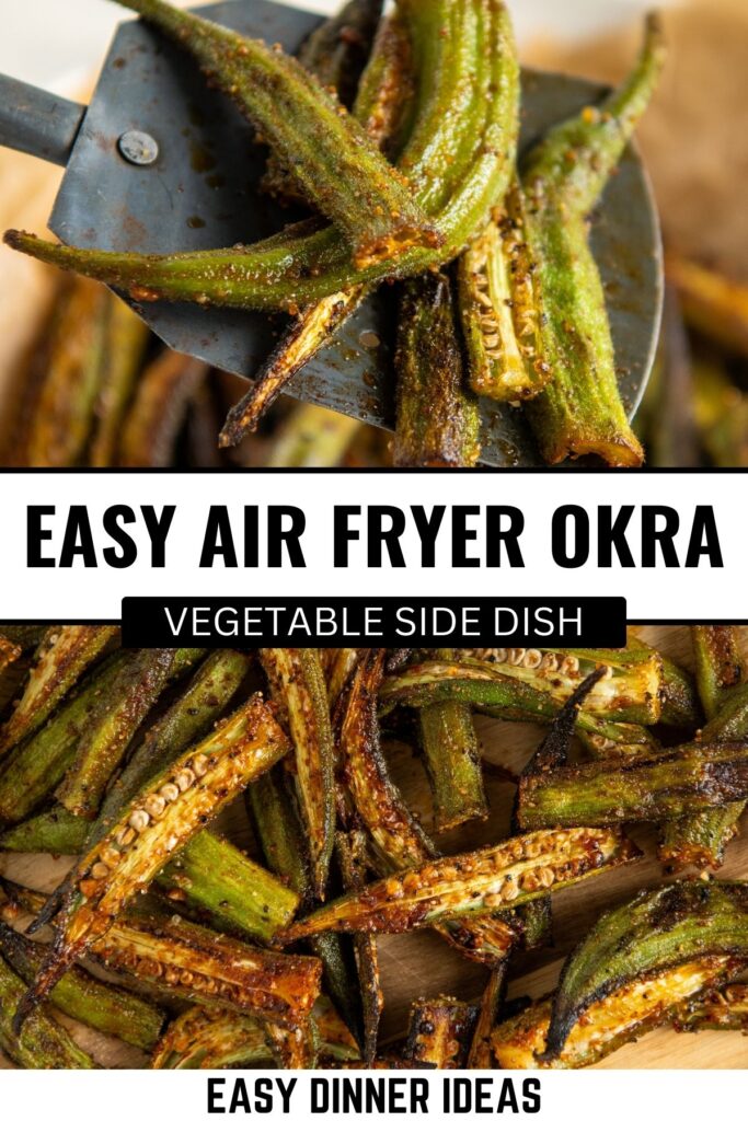 A spatula lifts several crispy air fryer okra above a pile of more okra.
