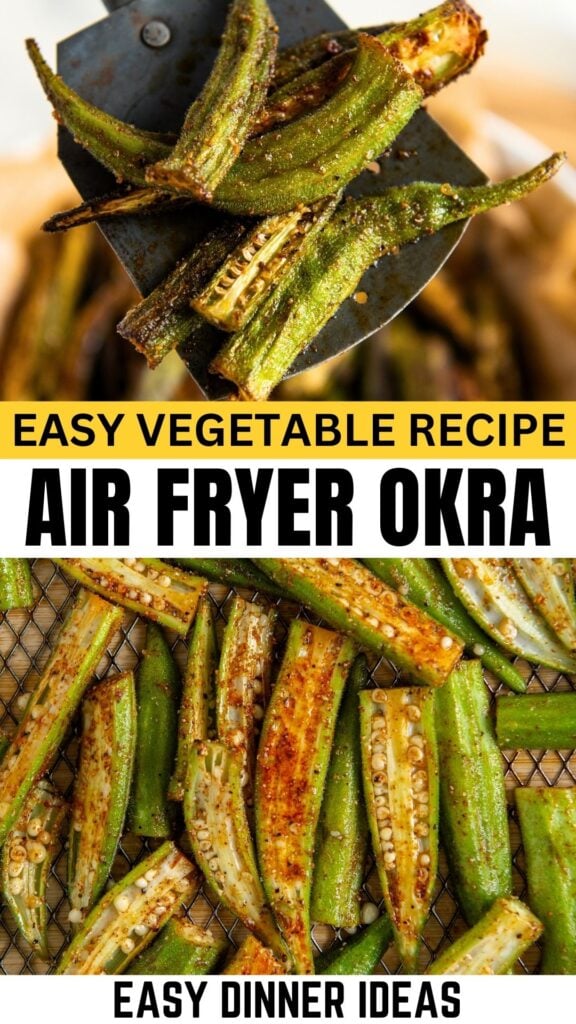 Close-up of crispy air fryer okra on a spatula and in an air fryer basket.