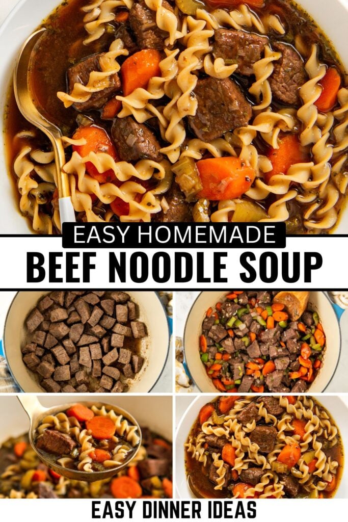 A collage shows beef noodle soup with egg noodles, beef chunks, and vegetables in a savory broth.