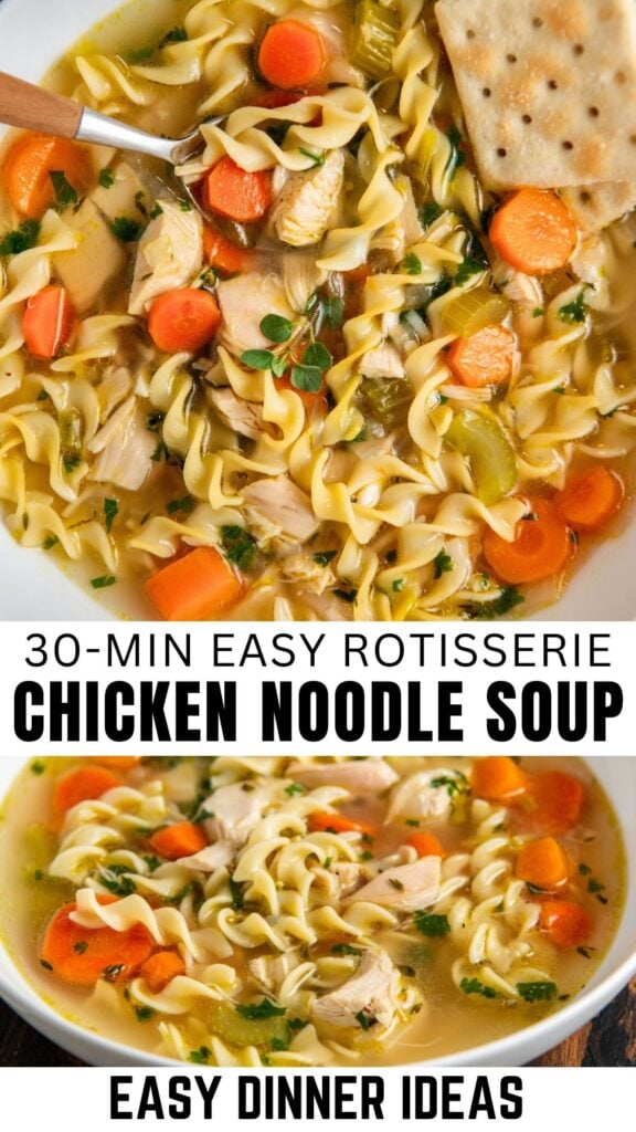 A bowl of rotisserie chicken noodle soup with spiral egg noodles, carrots, celery, herbs, and a cracker on the side.