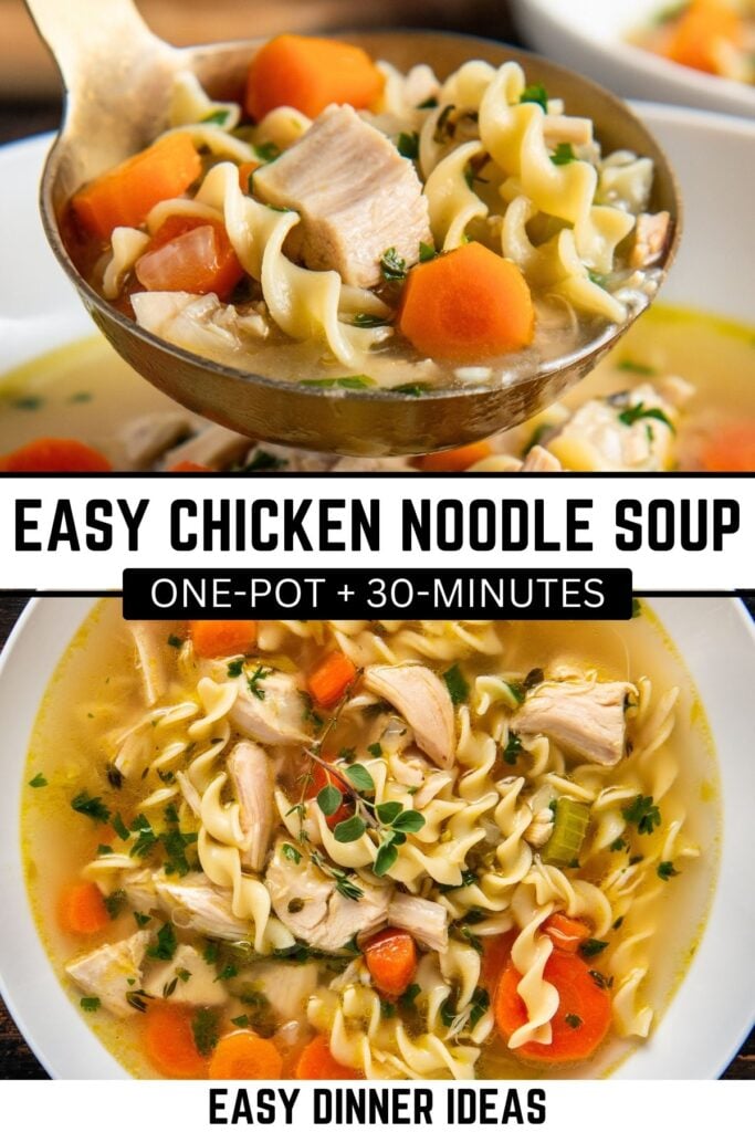 A bowl and ladle of easy chicken noodle soup with chunks of chicken, carrots, celery, and egg noodles.