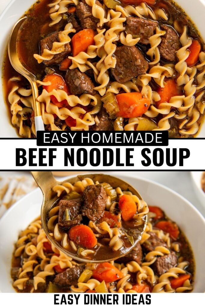 Close-up of a bowl of beef noodle soup with egg noodles, beef chunks, carrots, and celery in a rich broth. A ladle scoops up a hearty serving.