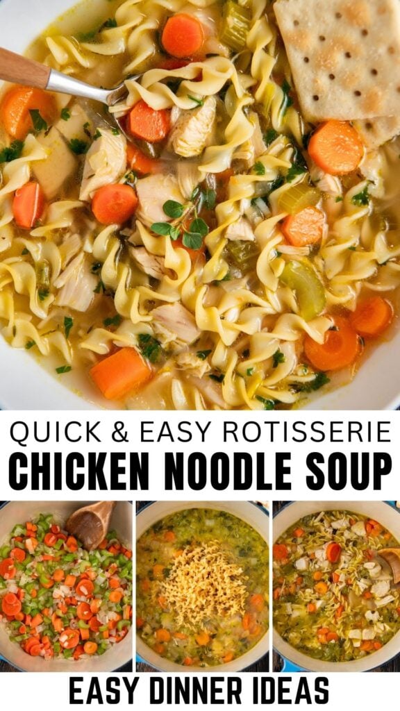 A bowl of easy chicken noodle soup with egg noodles, carrots, celery, parsley, and a cracker on the side. Below are three images showing the soup’s preparation.