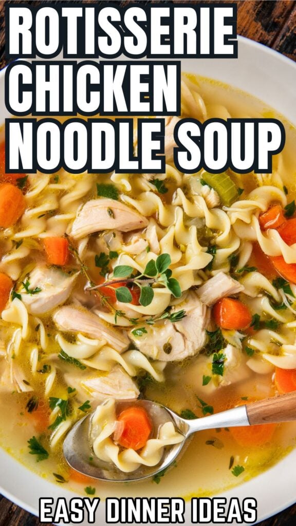 A bowl of rotisserie chicken noodle soup with egg noodles, carrots, and herbs.