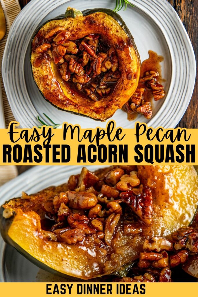 Baked acorn squash halves filled with maple pecan topping on a white plate.