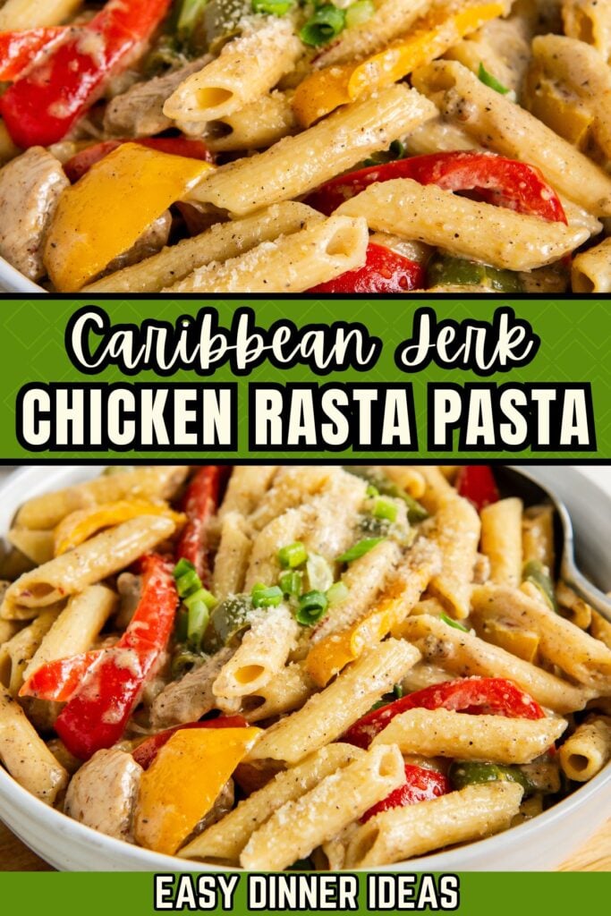Close-up of creamy rasta pasta with chunks of chicken, red and yellow bell peppers, topped with green onions.