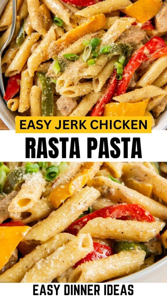 Close-up of creamy rasta pasta with colorful bell peppers, jerk chicken, and green onions in a white bowl.