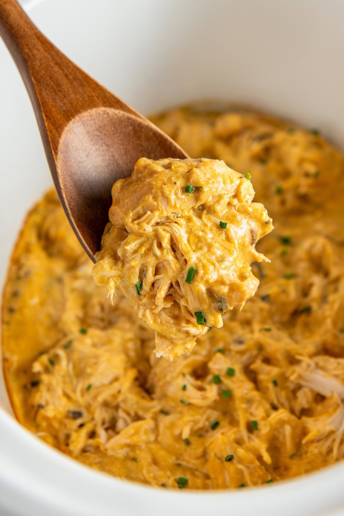 A wooden spoon holds a serving of creamy shredded crockpot French Market chicken garnished with chopped chives over a crockpot filled with shredded chicken.