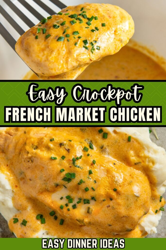 A piece of creamy crockpot French Market chicken garnished with chives sits on a spatula above a pot.