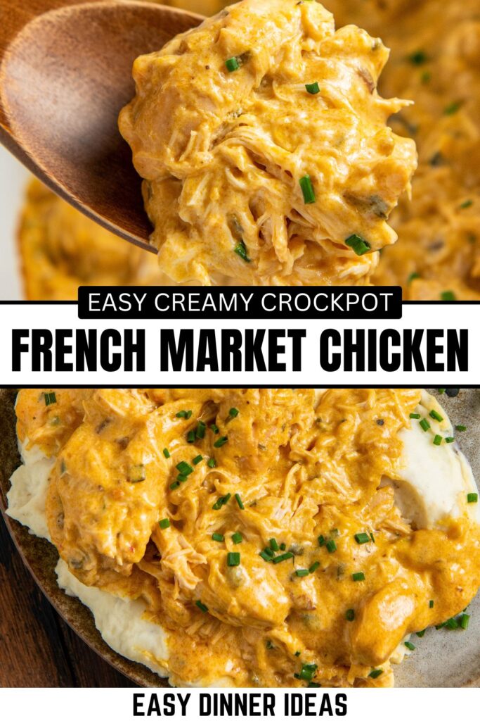 Close-up of creamy shredded crockpot chicken topped with chopped chives, served over mashed potatoes.