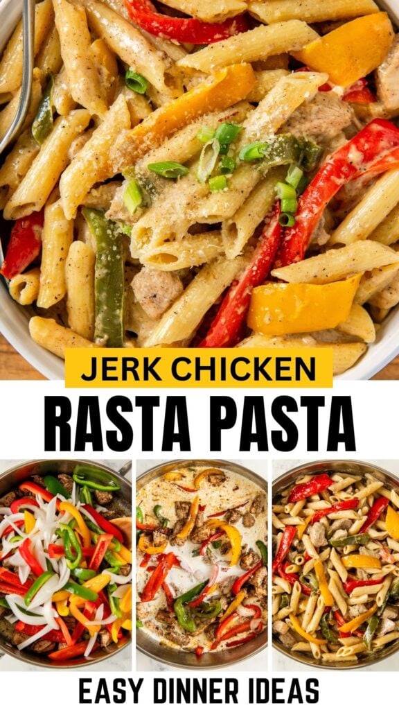 A creamy rasta pasta dish with sliced red, yellow, and green bell peppers, jerk chicken, and penne is shown. Below, three steps of the recipe are pictured, from raw veggies to cooked pasta.