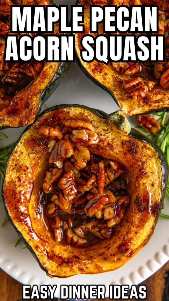 Maple pecan baked acorn squash halves on a white serving plate.