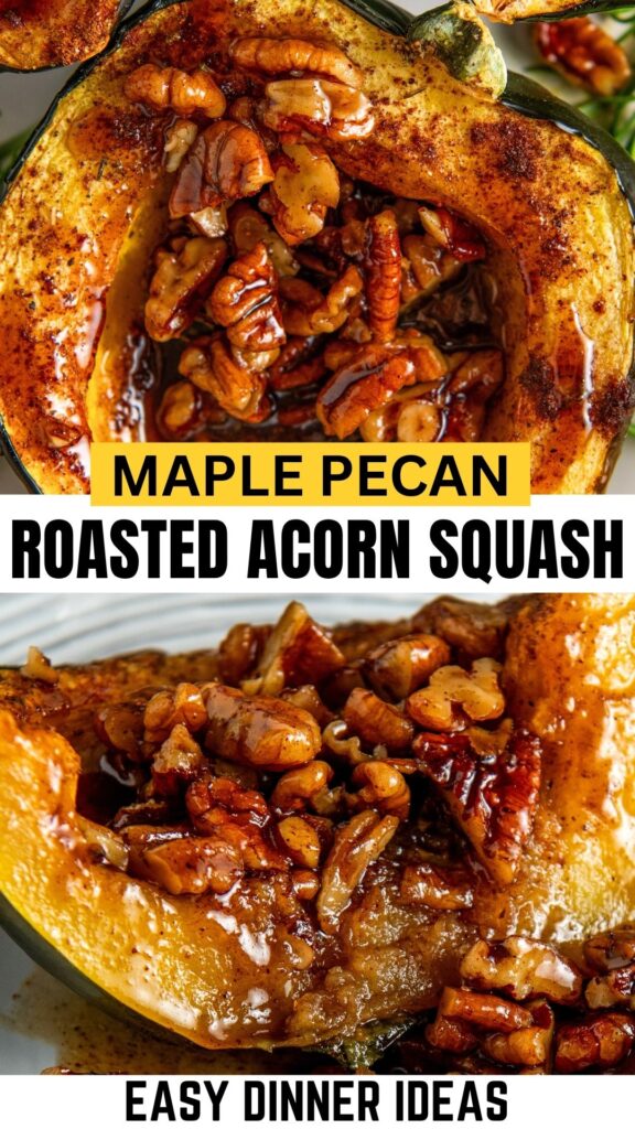 Close-up of roasted acorn squash halves filled with chopped pecans and maple glaze, sprinkled with spices.