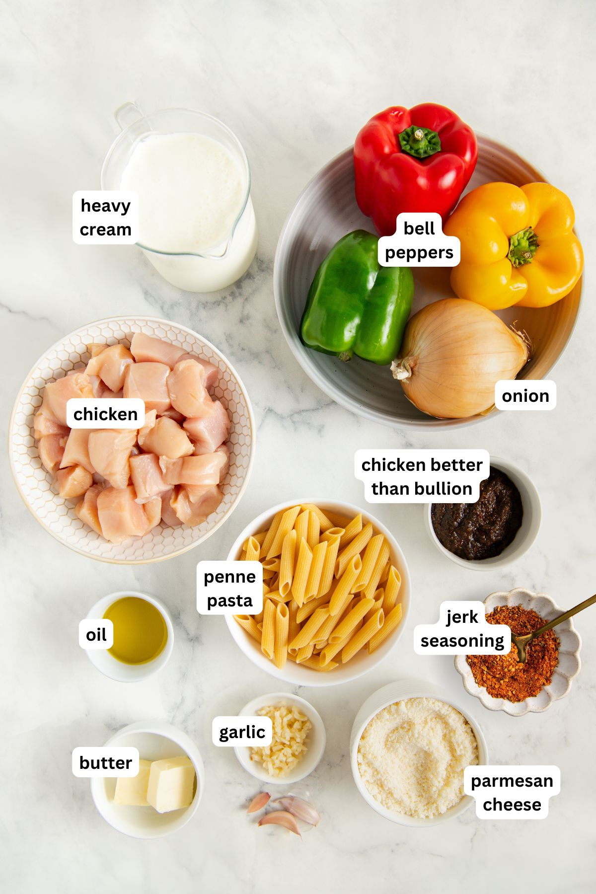 Top-down view of labeled ingredients for rasta pasta, including heavy cream, chicken, penne pasta, oil, butter, garlic, jerk seasoning, chicken bouillon, parmesan cheese, onion, and red, yellow, and green bell peppers.