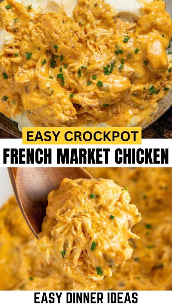 Close-up of creamy crockpot shredded chicken garnished with chopped chives, served over mashed potatoes.