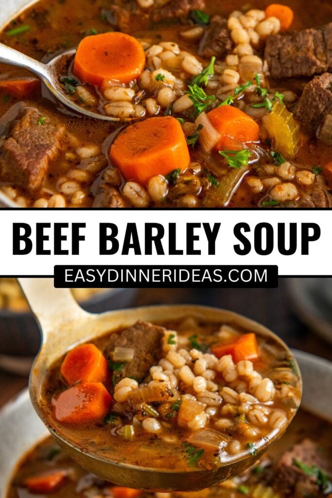 Close-up of hearty beef barley soup with chunks of beef, sliced carrots, barley, and fresh herbs in a rich broth, shown in a soup bowl with a spoonful and a ladleful being served.
