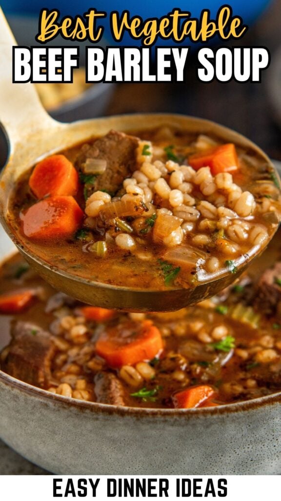 A ladle filled with beef barley soup containing chunks of beef, carrots, barley, and herbs is held over a pot of soup.